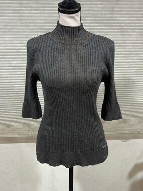 Dkny Charcoal Ribbed Mock Neck Short Sleeve Sweater
